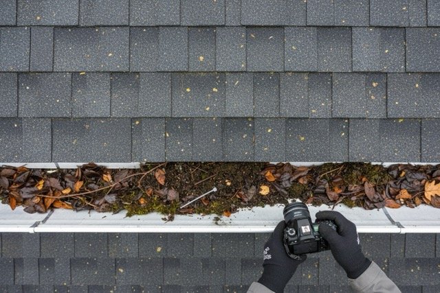 Clogged gutter with leaves drone inspection