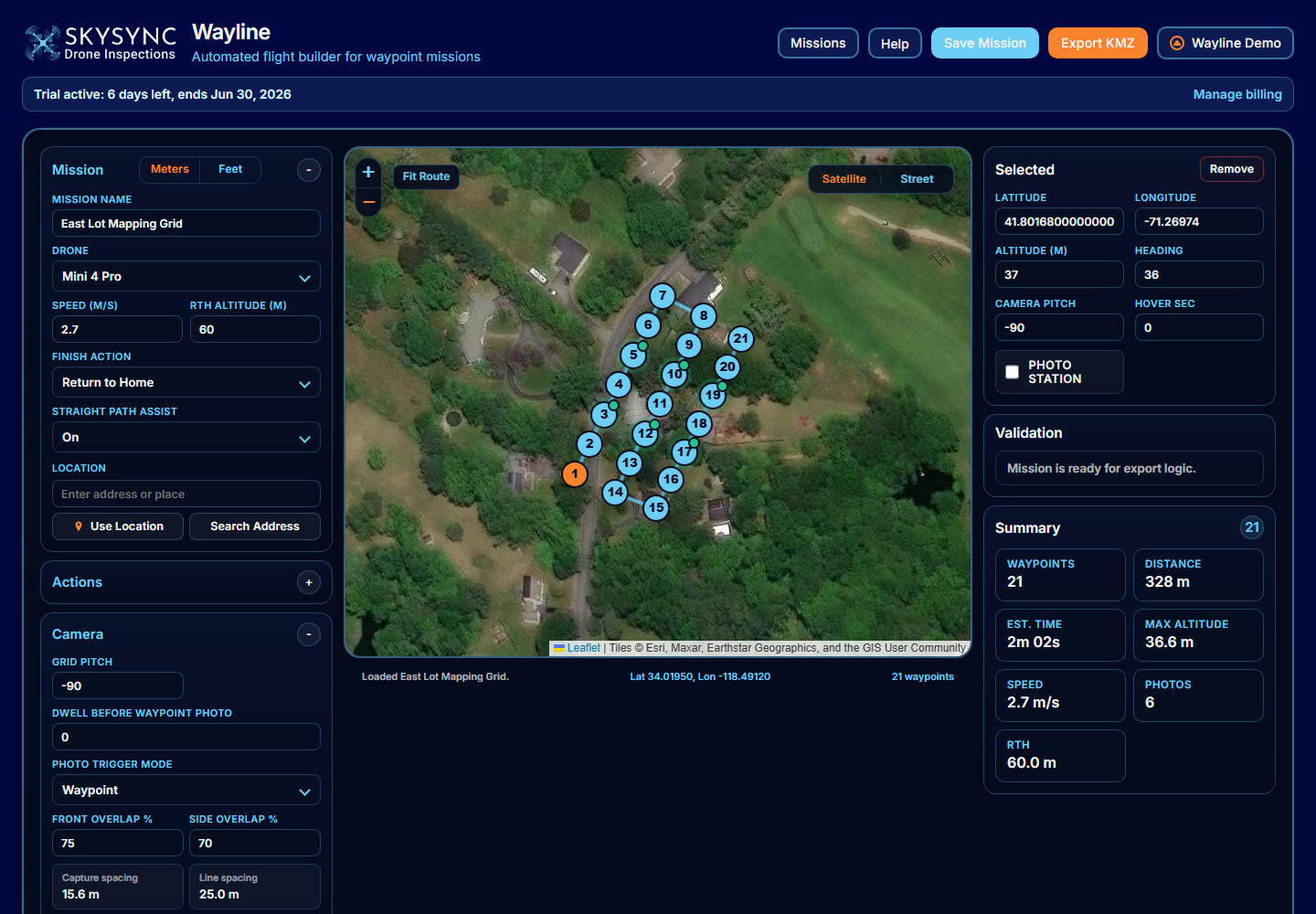 Wayline camera panel showing photo trigger and overlap controls beside the map