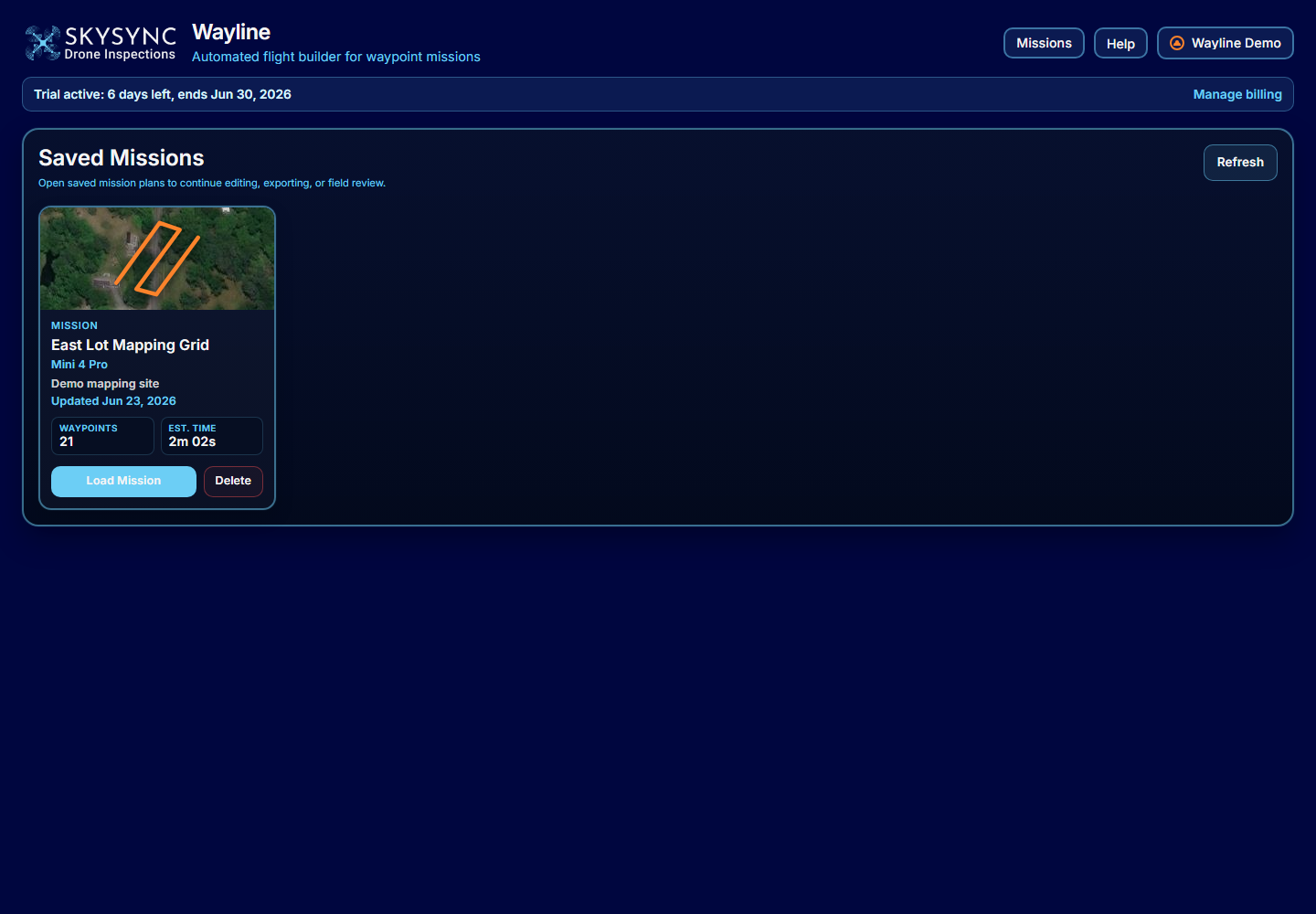 Wayline saved missions screen showing a saved mapping grid mission