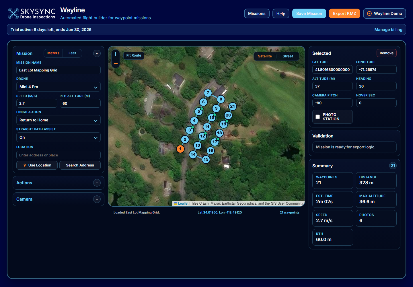 Wayline mission planner showing a mapping grid route on the map